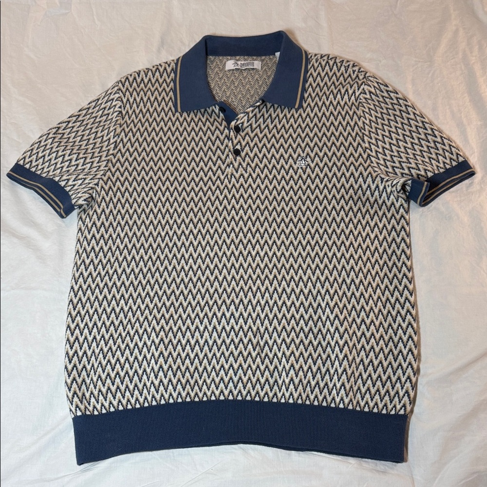Original Penguin Zigzag Polo in Navy and Cream size medium